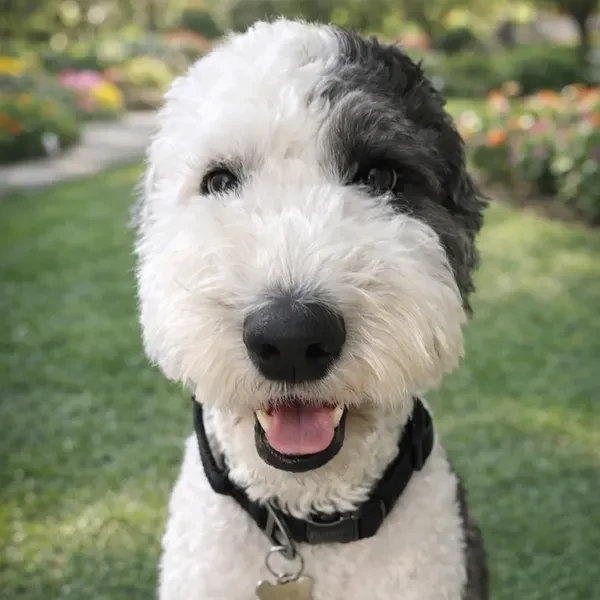 A freshly groomed black and white dog